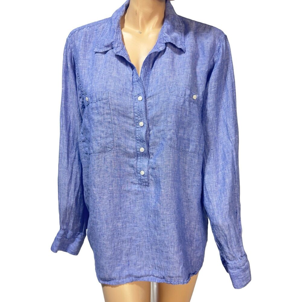 Talbots Blue Linen Popover Shirt 3X Top Half Button Long Sleeve NO FABRIC TAG